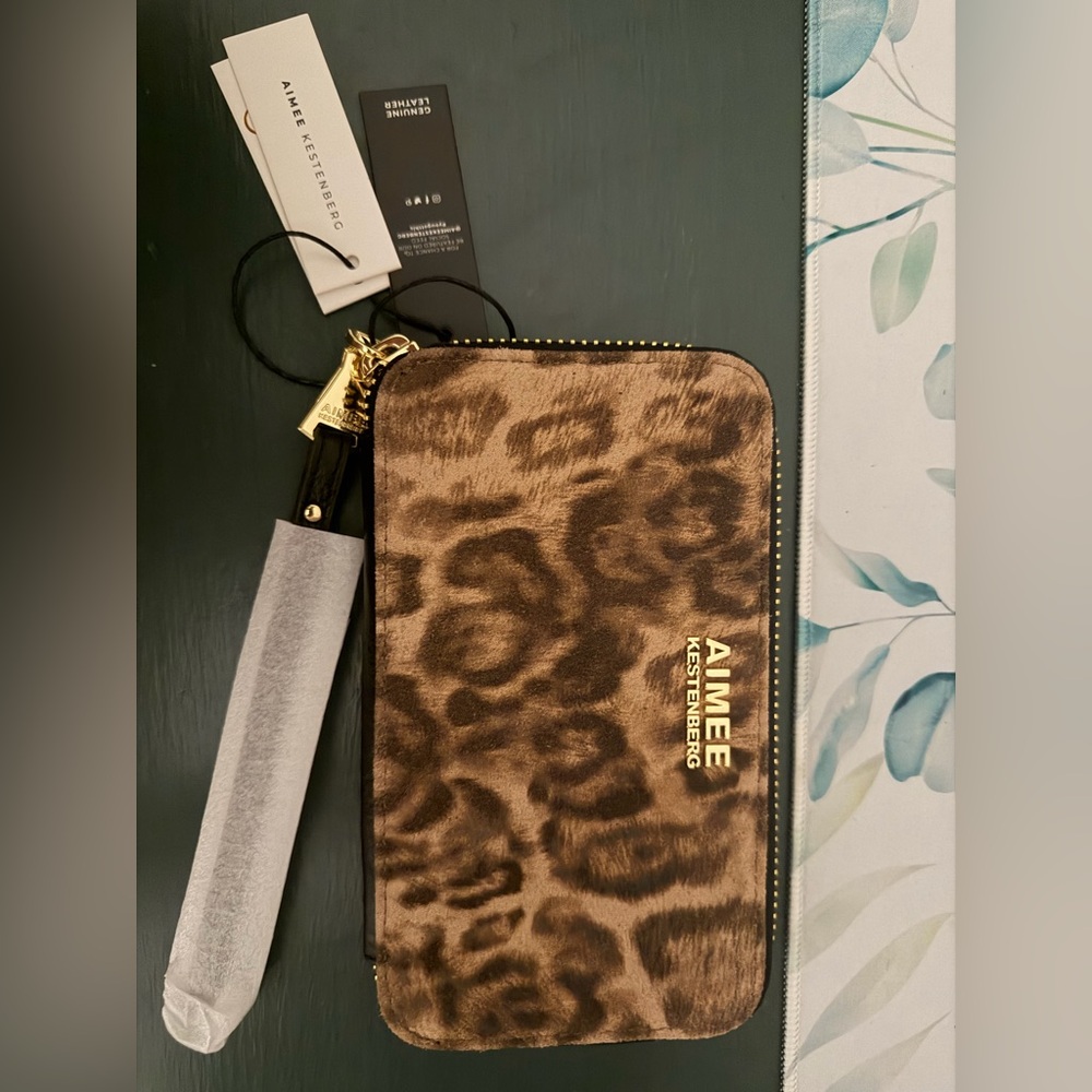 Aimee Kestenberg - brown leopard calf-hair zip wristlet with gold hardware